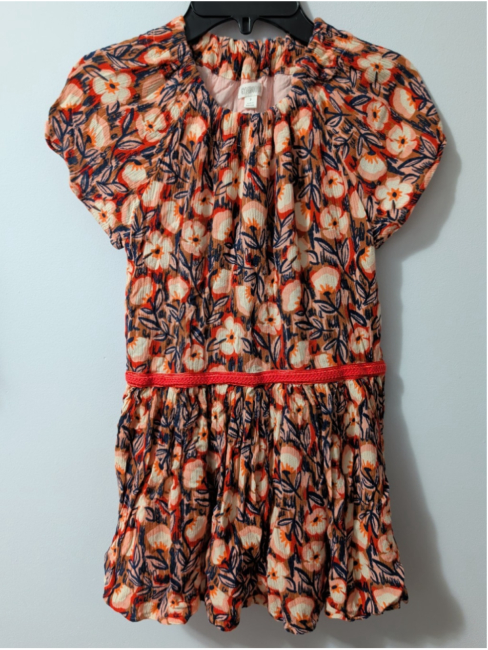 Gymboree Girls Dress Orange Fall Tropical Floral Short Sleeve Stretch 7